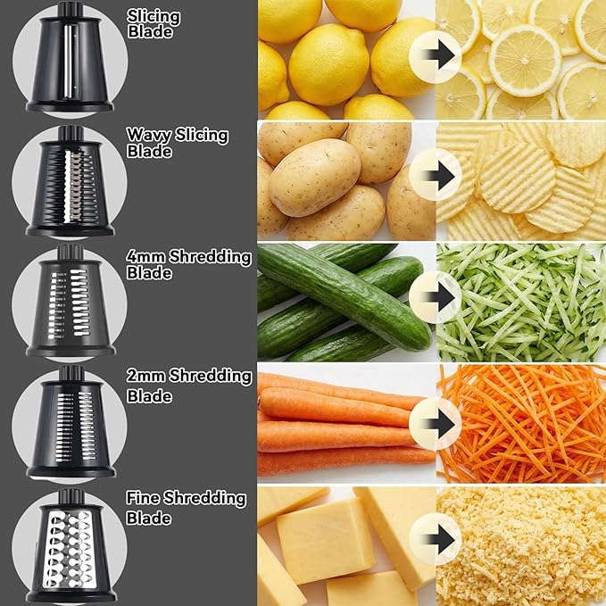 ChinKc Upgrade Rotary Cheese Grater Shredder with Handle, Strong Suction Base, Multi-purpose Rotary Grater Slicer with 5 Interchangeable Blades for Ice, Vegetables, Fruit, Nuts with Blade Storage Box
