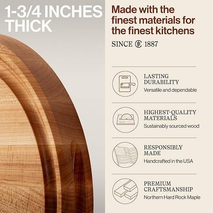 John Boos CB Series Round Wooden Maple Cutting Board 15”x15” – 1.75” Thick, 11-lb Reversible Butcher Block with Juice Groove, Edge-Grain & Finger Grips – Made in the USA