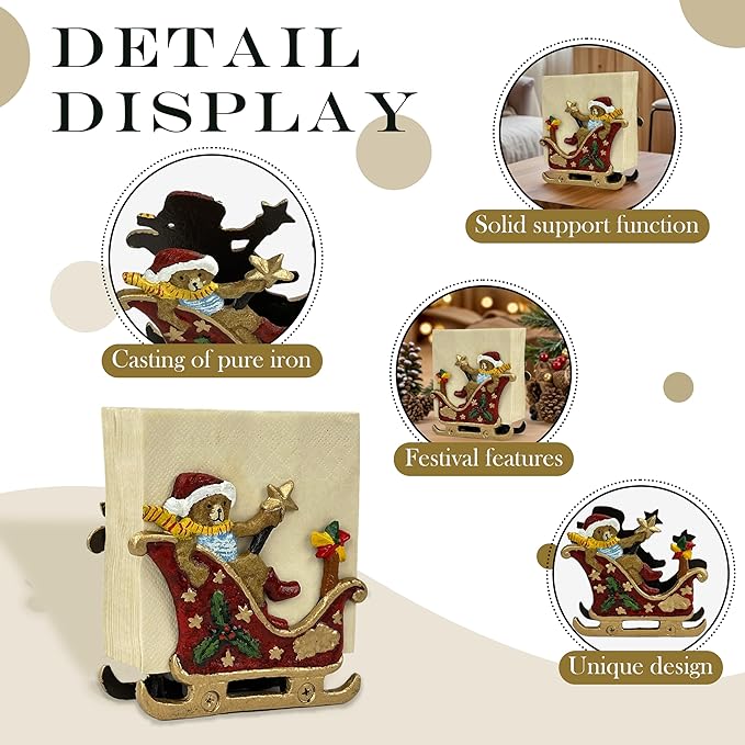 Linton Arts Cast Iron Napkin Holder for Table, Decorative Cocktail Napkin Holder with Bear Sleigh Design, Heavy Duty Napkin Dispenser for Paper Napkins, Kitchen Island Decor