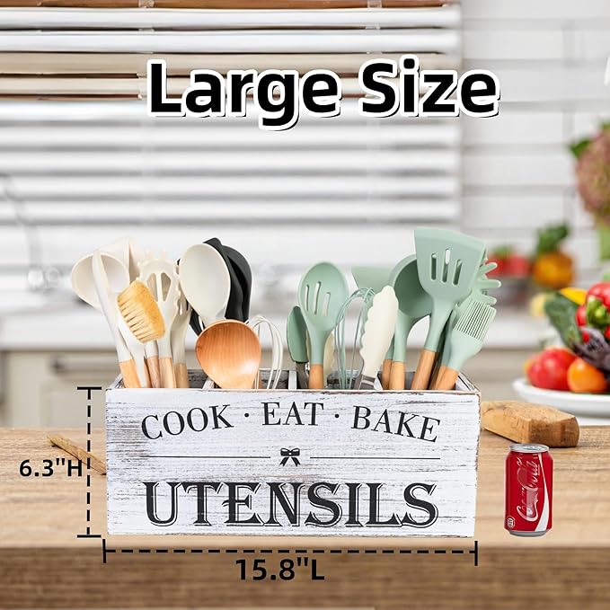LIBODOUR Utensil Holder,Extra Large Wooden Utensil Holder For Kitchen Counter,Cooking Spatula Organizer,Big Storage Caddy With 4 Compartments Flatware Spoon Tool Cutlery(Light White)