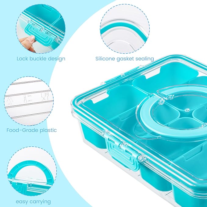 Divided Serving Tray with Lid and Handle - Snackle Box Charcuterie Container for Portable Snack Platters Organizer for Candy, Fruits, Nuts, Snacks - Perfect for Party, Entertaining, Orange