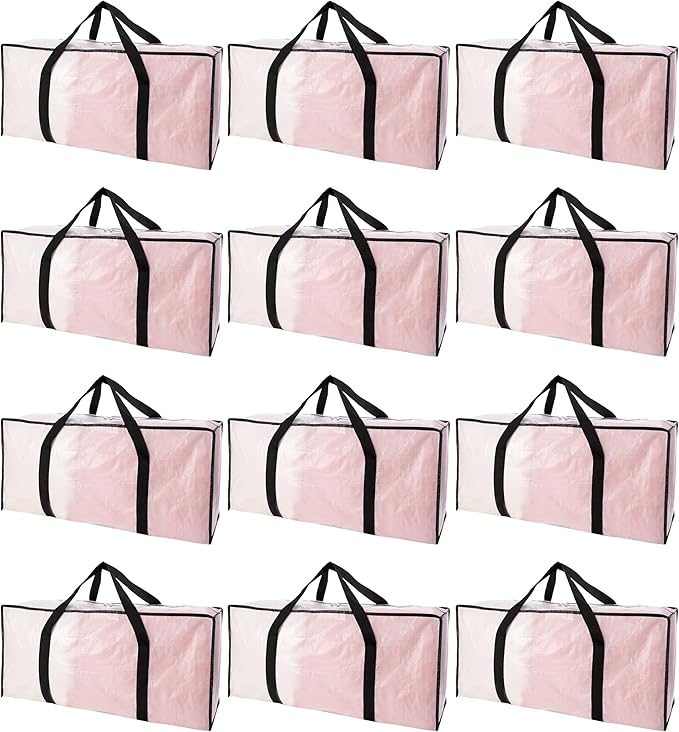 Extra Large Moving Bags with Zippers & Carrying Handles, Heavy-Duty Storage Tote for Space Saving Moving Storage, Fold Flat, Alternative to Box and Bin - 12 Pack, Semi-Transparent
