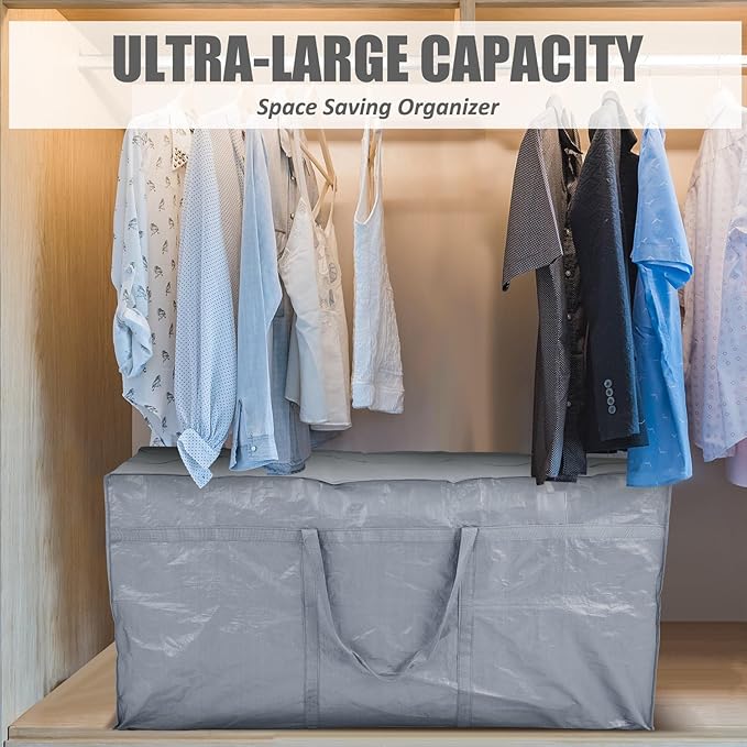 4 Pcs 149 Gallon Extra Large Moving Bags Heavy Duty Storage Bag with Strong Zipper Handle Foldable XXL Jumbo Storage Tote Packing Moving Box for College Dorm Travel Cloth Duffle (Silver)
