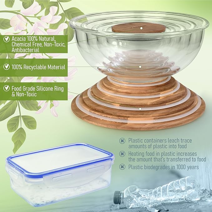 dokaworld Set of 5 Nesting Glass Bowls with New Updated Acacia Lids for Foodprep, Storage, Mixing & Cooking - Microwave & Oven-ready BPA Free Durable Heat Resistant Inert Borosilicate Glass