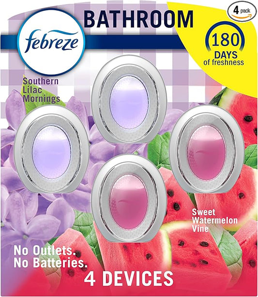 Febreze Bathroom Air Freshener, Odor-Fighting, Plug In Alternative, Air Fresheners for Home and Bathroom and Kitchen, Closet Air Fresheners, Watermelon & Lilac Scent, 4 Count