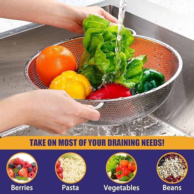 E-far 5-Quart Stainless Steel Colander, Micro-Perforated Metal Colander Strainer with Handle for Kitchen/Draining Pasta/Rinsing Vegetables Fruits, Heavy Duty & Dishwasher Safe - 11 Inches