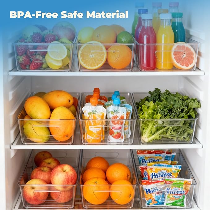 6 Pack Pantry Organizers and Storage, Clear Plastic with 3 Removable Dividers, for Tea Bag, Snack, Seasoning Organizer – BPA Free Perfect in Pantry and Fridge