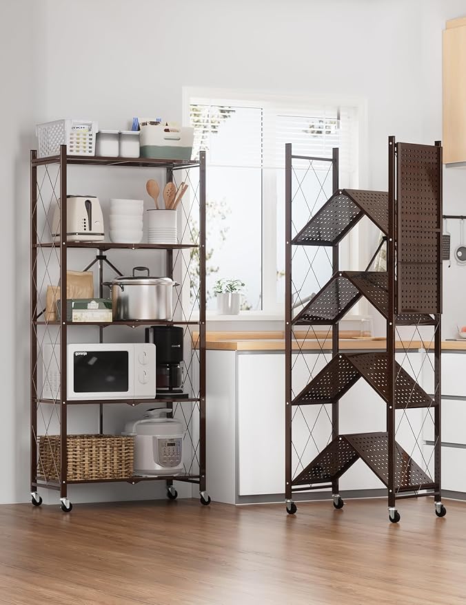 ALANNG 70.7" H Metal Storage Shelves, 5 Tier Folding Shelf on Wheels, Heavy Duty, No Assembly, Rolling, Collapsible Rack Unit for Kitchen, Basement, Pantry (Vintage Brown,1 Pack)