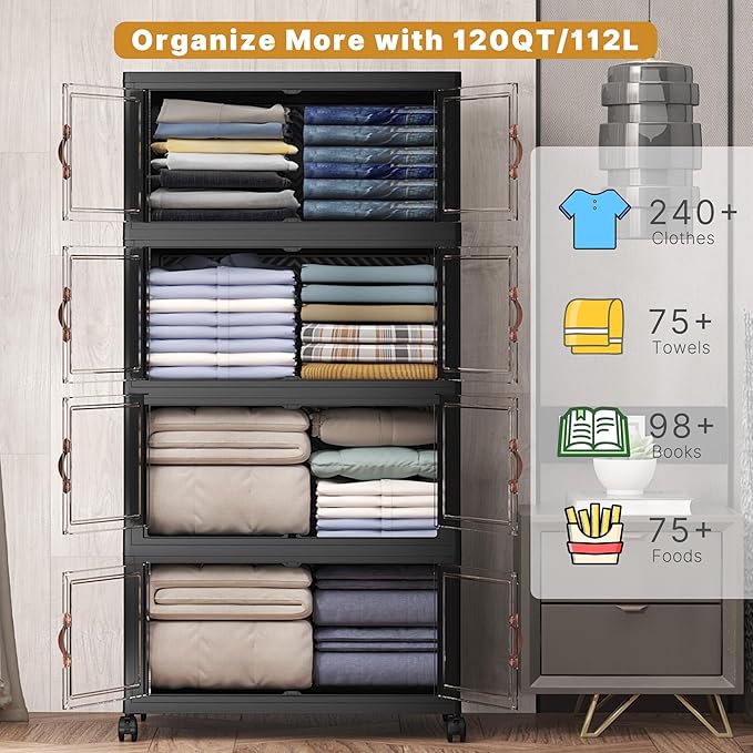 Extra Large Stackable Storage Bins with Lids & Wheels, 440QT-55QT/30GAL*8Pack Foldable Collapsible Closet Organizers Dark Storage Cabinet with Doors for Bedroom Dorm