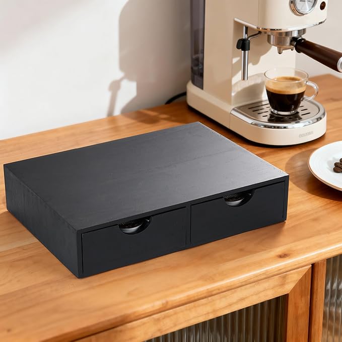 QYJinlida Wooden K Cup Organizer Coffee Pod Storage Box, Coffee Pod and Tea Bag Holder,Kcup Drawer Coffee Maker Stand,Home Kitchen Counter Holds Up to 30 Pods Capacity (2 Drawer) (Elegant Black)