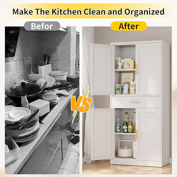 Metal Kitchen Pantry Cabinet, 71"Tall Cabinet with 1 Drawer, Doors and 2 Adjustable Shelves, Pantry Cabinets for Kitchen Storage, Metal Storage Cabinet for Kitchen, Dining Room, Living Room- White