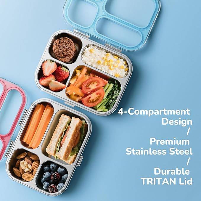 G.a HOMEFAVOR Stainless Steel Lunch Box - 4 Compartments Bento Box for Kids, Leakproof Metal Food Container for School, Office, Dishwasher Safe, Shatterproof, 27 oz, Blue