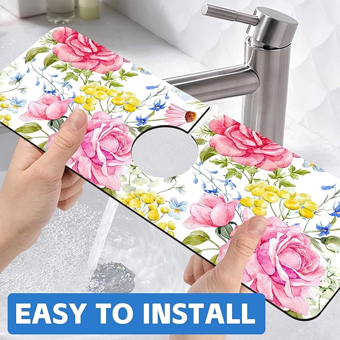 Watercolor Light Pink Floral Dish Drying Mat for Kitchen Sink Splash Guard Behind Faucet Sink Mat Absorbent Fast Drying Faucet Draining Mat for Bathroom Kitchen 5.5"×15"