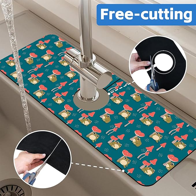 Cute Frog and Mushrooms Dish Drying Mat for Kitchen Sink Splash Guard Behind Faucet Sink Mat Absorbent Fast Drying Faucet Draining Mat for Bathroom Kitchen 5.5"×15"