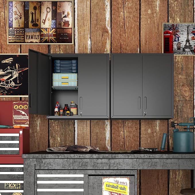 BIZOEIRON Garage Wall Cabinet with Doors and Shelves, Metal Wall Mounted Storage Cabinet with Lock, Hanging Tool Cabinet for Garage Utility Room, Black