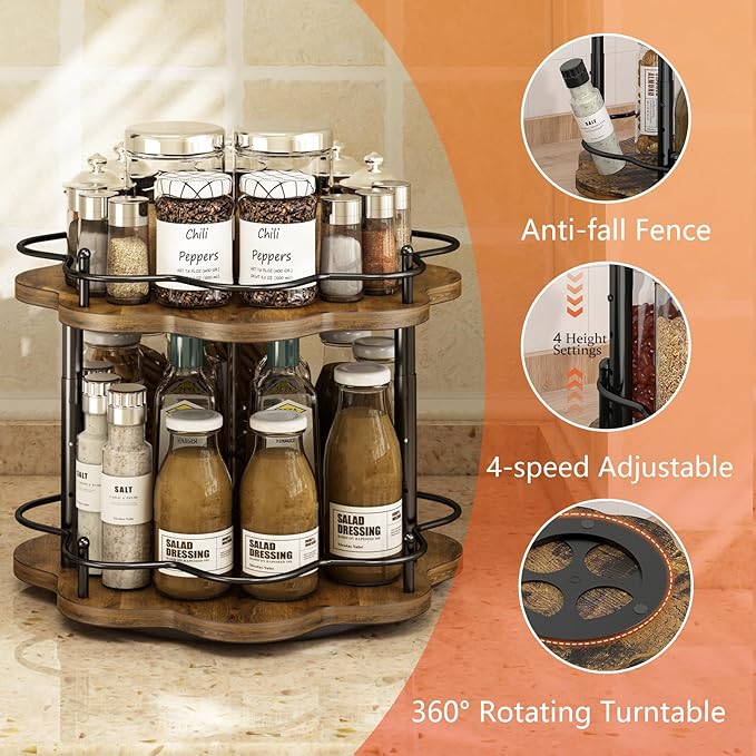 LIAISIMI 2 Tier Lazy Susan Organizer,2-Tier Spinning Spice Rack with Stable Carousel Base & 4 Height Settings for Cupboard Kitchen Countertop Dining Table Cupboard (Two-Ply(Petal Shape))
