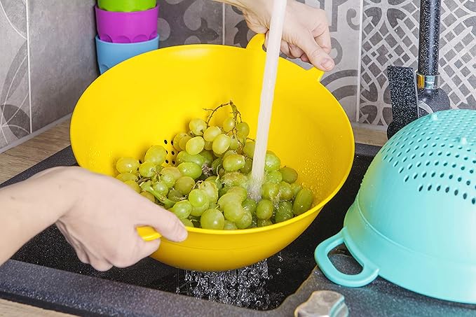 Mintra Home Plastic Strainer Colanders Set: 3, 3.5 and 5 Quart (Yellow) Double Strong Handles and Deep Bowl, Safe BPA-Free - Use for Pasta, Noodles, Spaghetti, Vegetables (Assorted Sizes 3pk)