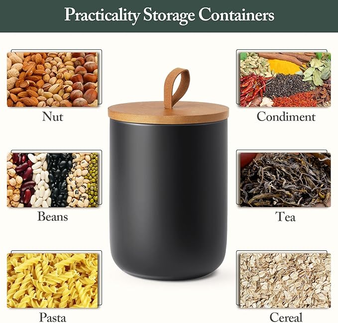 Black Canisters Sets for The Kitchen, Airtight Kitchen Canisters for Countertop, Kitchen Canisters Set of 3 with Top Handle, Modern Ceramic Jar with Wooden Lid for Coffee Flour Cookie Nuts