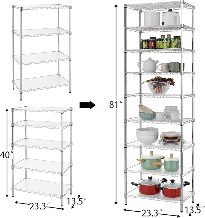 Finnhomy 9-Tier Wire Shelving Unit Adjustable Steel Wire Rack Shelving, 81 Inches Height 9 Shelves Metal Storage Rack, Pantry Shelves for Storage with PE mat, NSF Certified, Chrome