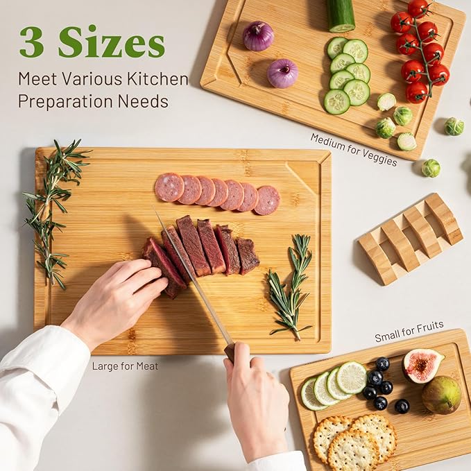 Kikcoin Bamboo Cutting Boards for Kitchen, 3 Piece Wood Cutting Board Set with Stand and Non-slip Feet, Knife Friendly Chopping Board with Juice Grooves, Serving Tray with Built-in Handles