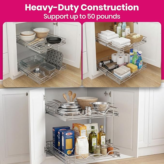 2-Tier Pull-Out Cabinet Organizer with Heavy-Duty Steel Frame, Full-Extension Sliding Shelves, Holds 100 lbs, Easy Install for Kitchen, Pantry & Under Sink Cabinets, 30" W x 21”D x 16.5" H