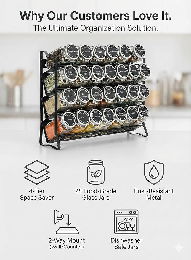 TOSCARA Spice Jar Rack Organizer for Cabinet! 28 Glass Jars with Black Lids! 4 Tier Seasoning Storage Shelf with 180 Labels, Funnel & Screws! Spices Organiser for Kitchen Countertop, Pantry, Cupboard