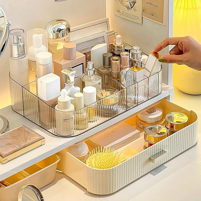 Decorcode Makeup Organizer With Stackable Drawer, Cosmetic Storage Display Case for Vanity, Bathroom Countertop or Dresser,Counter top Holder for Lipstick, Brushes, Lotions, Eyeshadow, Nail Polish