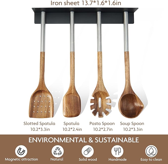 Edergoo 4 PCS Acacia Wood Cooking Utensils Set with Magnetic Hanging Handles Stainless Steel, Heat-Resistant Multi Function Cooking Tools