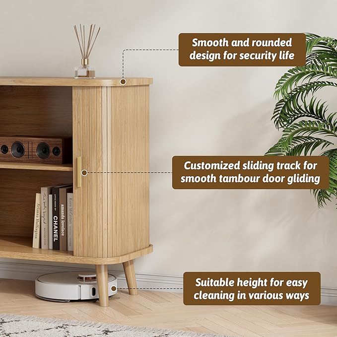BORNOON Buffet Cabinet with Storage, Curved-Edge Fluted Storage Cabinet Sideboard, Modern Black Sideboard Buffet with Adjustable Shelves & Sliding Door for Dining Room, Kitchen, Entryway (Oak)