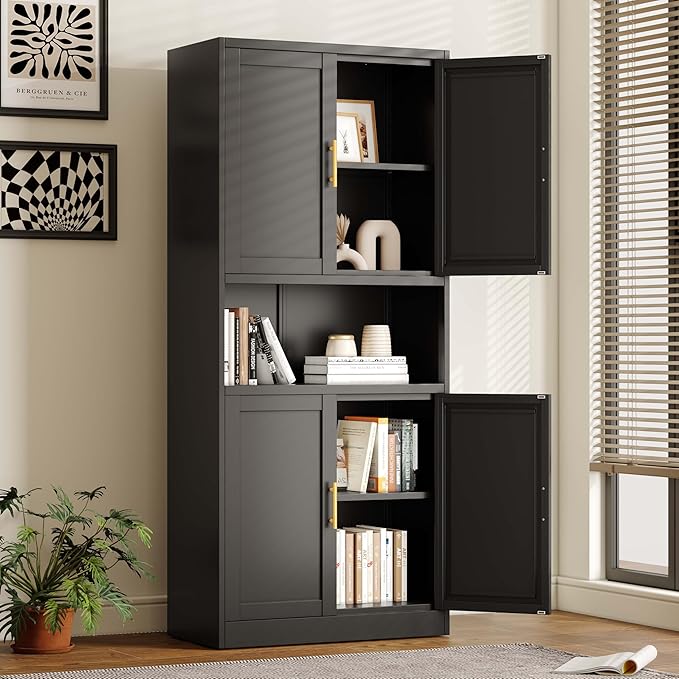 pozdeg 61.02" Kitchen Pantry Cabinet, Large Metal Storage Cabinet with 4 Doors and 1 Open Storage Compartment, Corner Display Organizer with 2 Adjustable Shelves for Kitchen Bedroom or Hallways