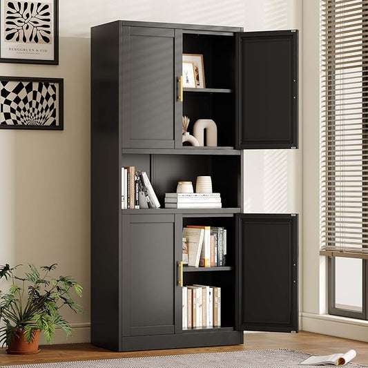 pozdeg 61.02" Kitchen Pantry Cabinet, Large Metal Storage Cabinet with 4 Doors and 1 Open Storage Compartment, Corner Display Organizer with 2 Adjustable Shelves for Kitchen Bedroom or Hallways