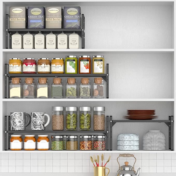 Redrubbit Large Expandable Cabinet Storage Shelf, Adjustable Height Steel Metal Kitchen Counter Organizers Shelves Spice Rack for Kitchen Pantry Bathroom Cupboard Desk Home Office, Black-3 Pack