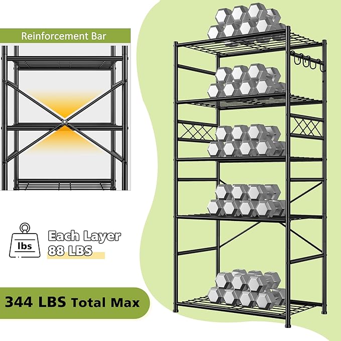 Metaling Shelving 5 Tier Shelf Organizer with Hooks,Storage Shelves Heavy Duty Garage Shelves Unit with Leveling Feet,Wire Shelving for Pantry, Kitchen and Closet,23.6" W x 13.8" Dx72.4 H