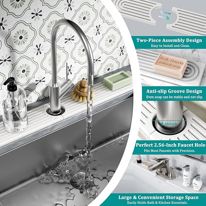Stone Faucet Mat for Kitchen Sink - Quick Dry Diatomite Sink Splash Guard, Prevents Moisture Buildup & Water Stains, Water Absorbing Stone Tray for Bathroom Countertop (White, 30" x 4")
