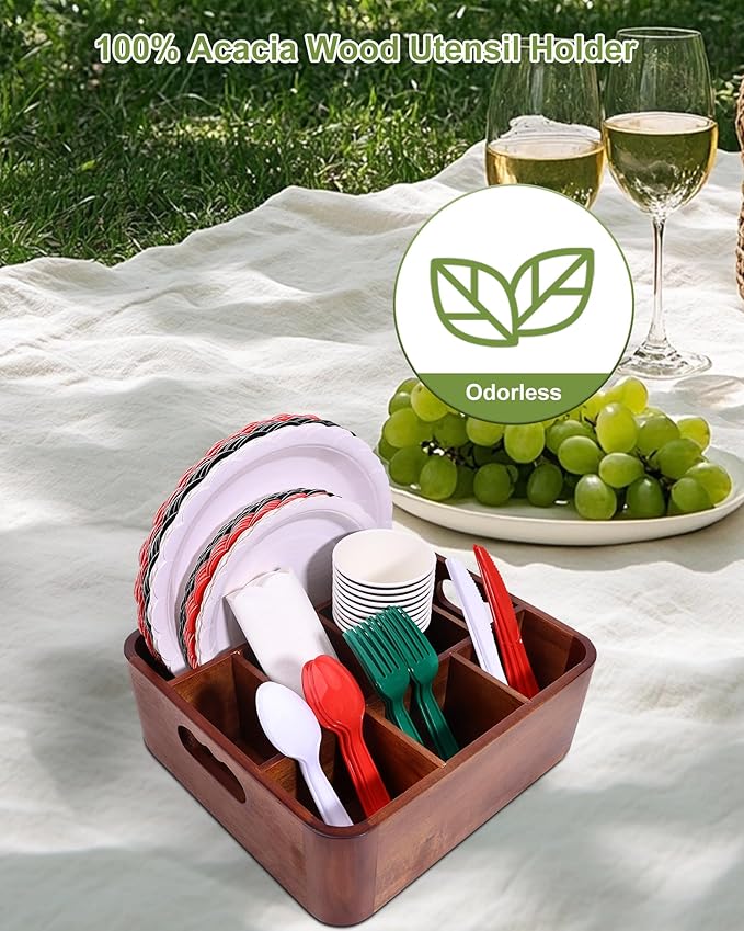 Bonfixe Acacia Wood Utensil Holder, Silverware Organizer Caddy with 4 Anti-Slip Pads, 5 Removable Dividers Utensil Organizer for Kitchen Counter, Party, and Picnic