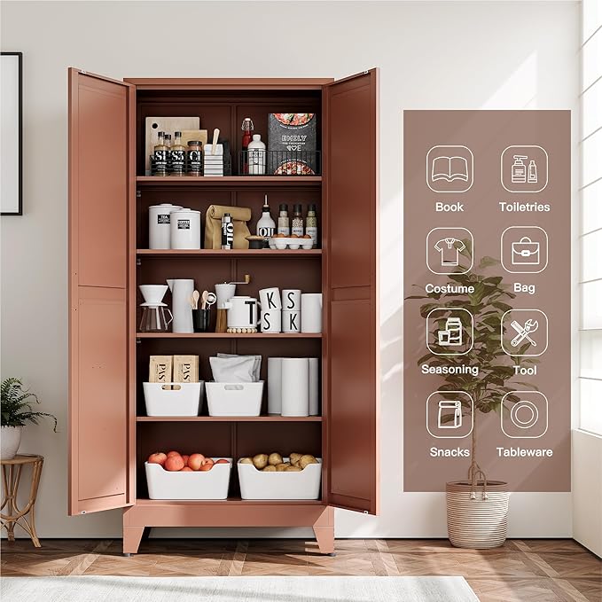 YAUWOH 71''Metal Cabinet with 4 Adjustable Shelves,5-Tier Pantry Storage Cabinet,Kitchen Pantry Cabinet for Living Room,Dining Room, Antique Copper