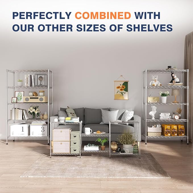 5-Tier Heavy Duty Metal Shelf,Chrome Wire Shelving Unit 35" Wx18 Dx71 H,Height Adjustable Storage Wire Shelves with Lockable Wheels for Garage,Kitchen,Office,Bathroom,Studio