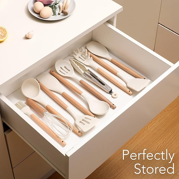 ZEDEAH 11-Piece Silicone Kitchen Utensils Set with Non Toxic Spatula, Tongs, Whisk, Turner & Ladle – Heat Resistant, Non-Scratch Cooking Tools with Wooden Handles, BPA-Free, Dishwasher Safe (Beige)