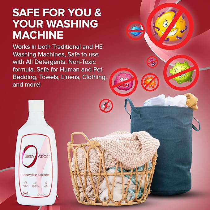 Zero Odor – Laundry Odor Eliminator - Permanently Eliminate laundry Odor – Patented Molecular Technology Best For Clothes, Towels & Linens, Shoes, Bags, Etc. - rinse and refresh Again, 16oz