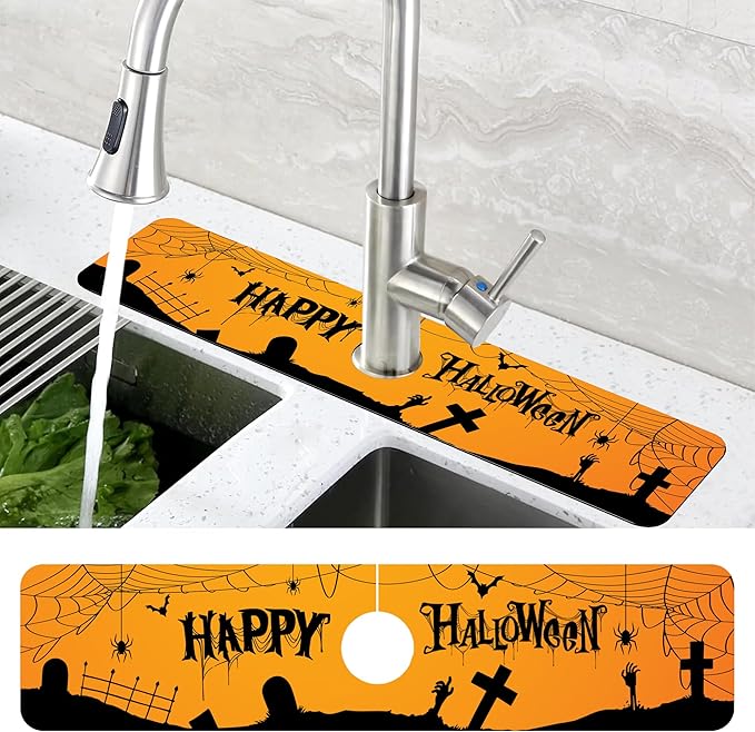 Halloween Bats Spider Webs Dish Drying Mat for Kitchen Sink Splash Guard Behind Faucet Sink Mat Absorbent Fast Drying Faucet Draining Mat for Bathroom Kitchen 5.5"×24"