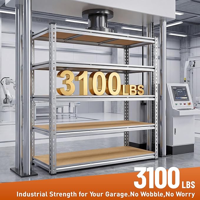 Galvanized Garage Shelving Load 3100LBS, 5-Tier Storage Shelves, Adjustable Garage Storage Shelves, Industrial Shelving, Metal Shelf for Basement, Warehouse, Kitchen, 48" W x 71.9" H x 24.1" D