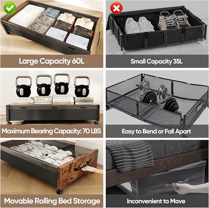 KITHELP Wooden Under Bed Storage with Wheels, Rolling Under the Bed Storage Bins with Removable Lid, Metal Under Bed Drawers for Clothes and Shoes in Bedroom or Living Room(Vintage Brown-2pack)