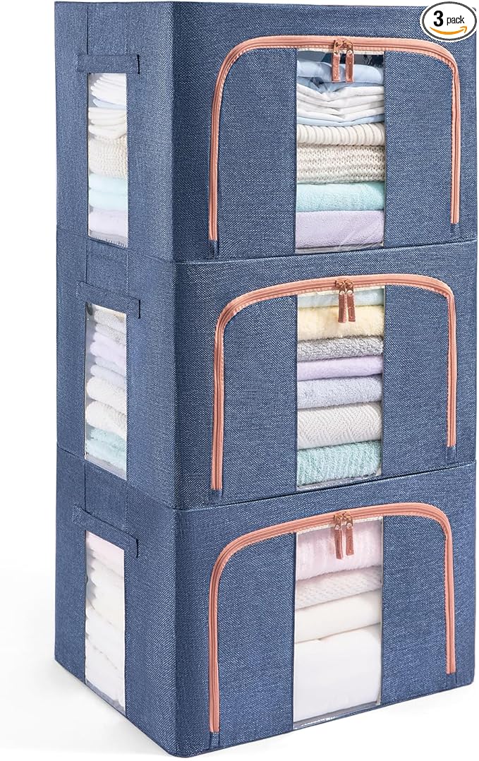 GuliPostan 3 Pack 66L Stackable Clothes Storage Bins with Metal Frame Handles & Zipper, Collapsible Closet Organizer Box with Lid for Bedding Blankets Towel (Navy)