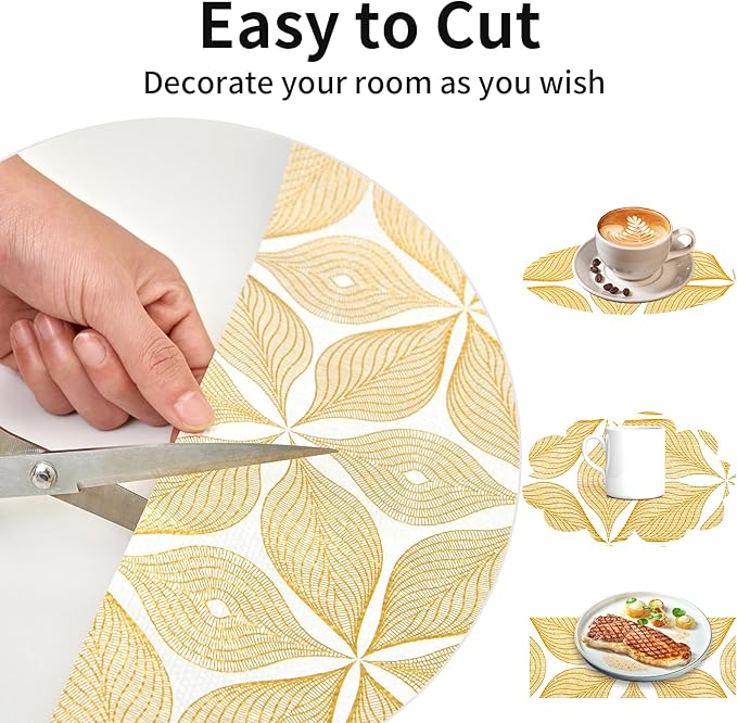 Shelf Liners for Kitchen Cabinets 17in x 20FT, Non Adhesive Cabinet Liner Strong Non-Slip Golden Leaf Drawer Liner, Easy to Clean for Shelf, Cabinet with Knife and Tape Measure