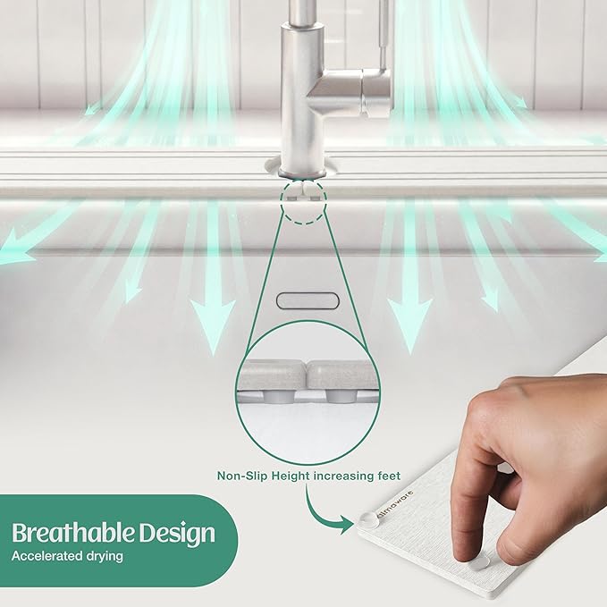 Stone Faucet Mat for Kitchen Sink Splash Guard 15.7" x 3.9" with 2.5" Center Hole | White Diatomite Drying Stone Mat | Non-Slip Stone Tray for Kitchen Counter with Premium Texture & Minimalist Style