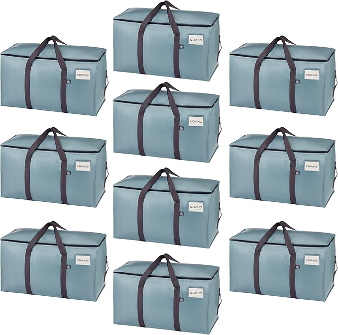 VENO 10 Pack Moving Bags, Upgraded Heavy Duty, Moving Boxes Alternative, Packing Storage Supplies for Dorm Room Essentials with Zipper for Clothes, Large Totes for Packaging (Light Blue, 10 Pack)