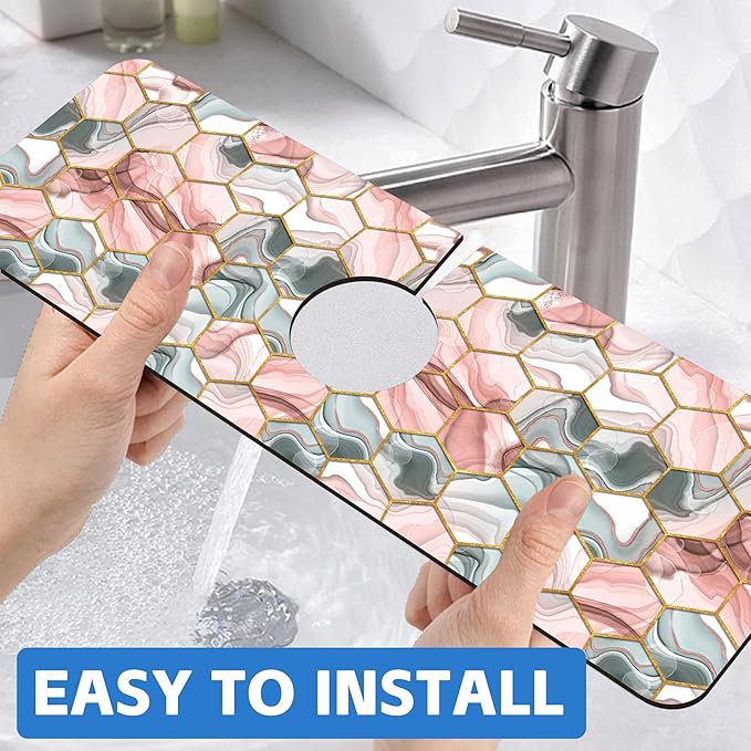 Abstract Gray and Red Hexagon Sink Faucet Absorbing Mat Sink Splash Guard Faucet Mat Draining Mat Fast Drying Sink Protectors for Kitchen and Bathroom 5.5"×15"