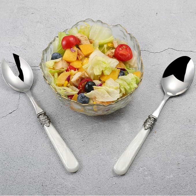 CATHYLIN 2-piece Salad Servers Stainless Steel Salad Serving Set Salad Fork and Spoon (White)