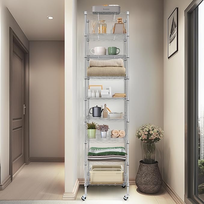 Finnhomy Heavy Duty 9 Tier Wire Shelving with Wheels 18x18x79-inches 9 Shelves Metal Storage Rack Thicken Steel Tube, Pantry Shelves for Storage, Adjustable Shelving Unit, NSF Certified, Chrome