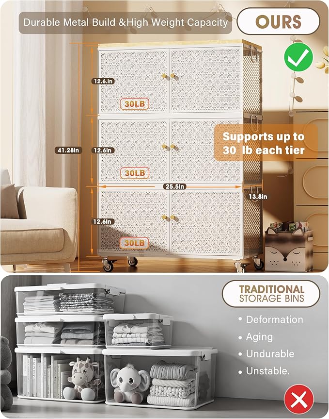3 Tier Metal Storage Cabinet with wheels, Storage Bins with Magnetic Doors, Storage Cart for Living Room, Bedroom, Bathroom, Laundry, Kitchen